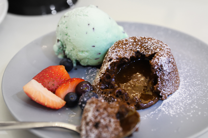 chocolate molten cake, lava cake, mint ice cream, dessertsMenag