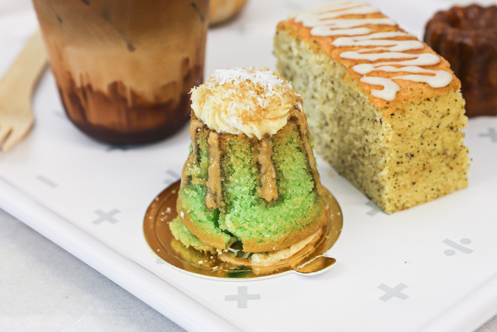mount Ondeh - pandan sponge cake with gula melaka drizzle and coconut flakes 