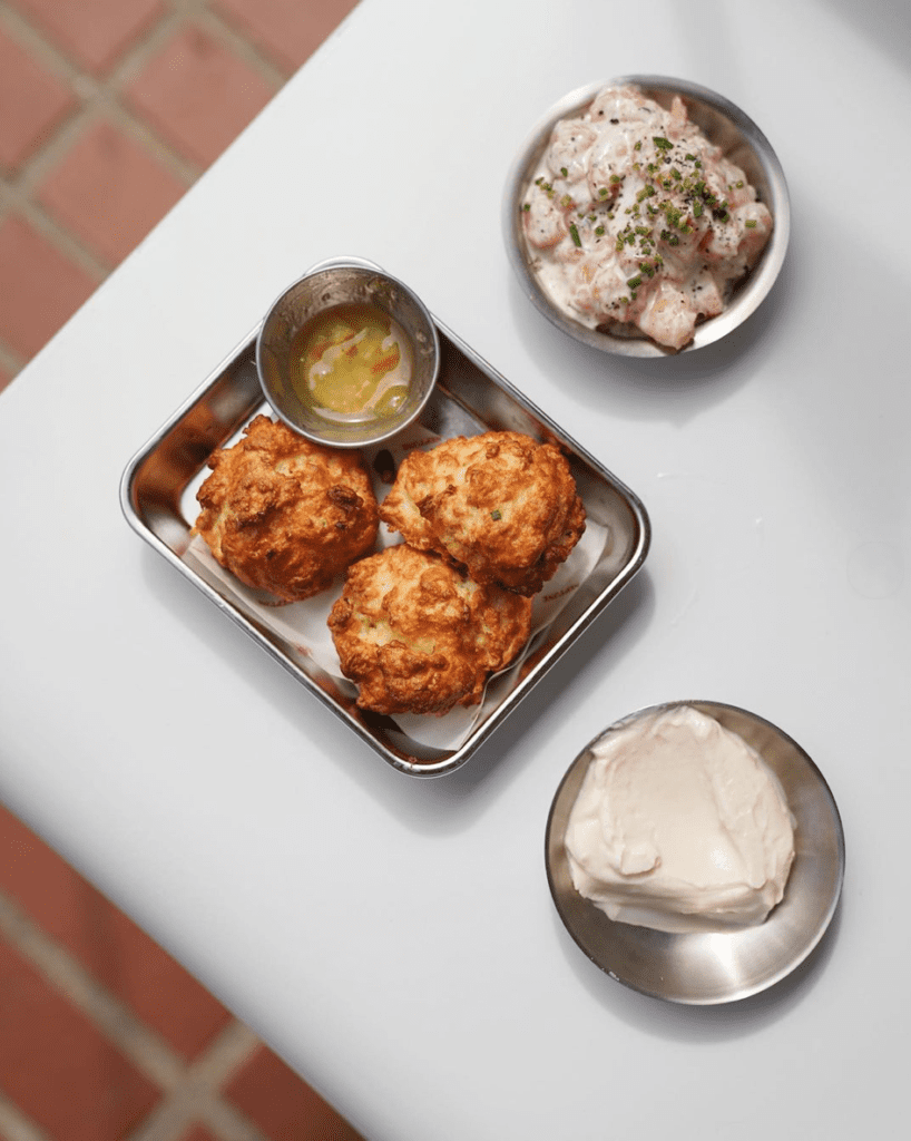 Big in Japan- Grana Padano scones, yuzu jam, honey mascarpone, cold shrimp and salmon in dill sauce. Photo taken by @iris.nihao