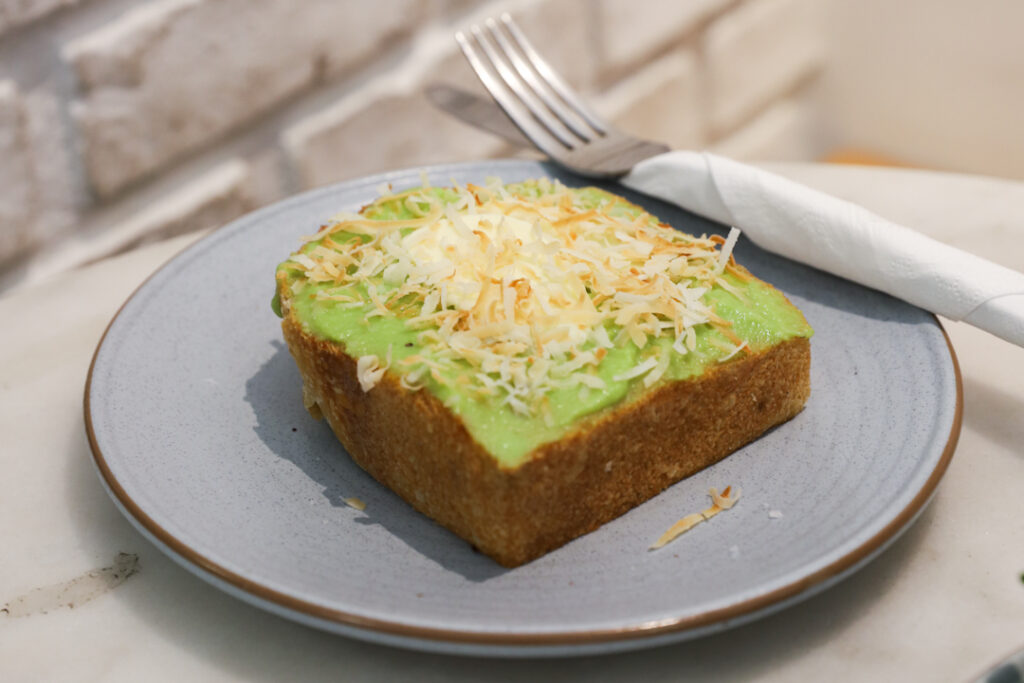 Fresh Kaya Toast at Micro Bakery Cafe East Coast with coconut flakes