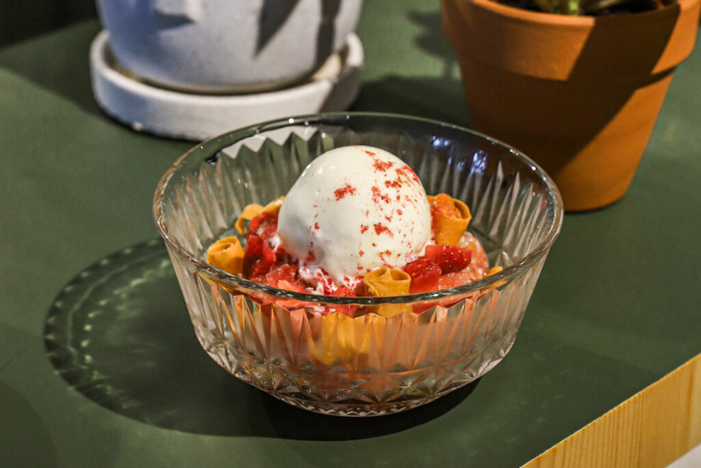 Strawberries & Cream at Dearborn. Granola, creme fresh ice cream, cranberry granita and lemon oil