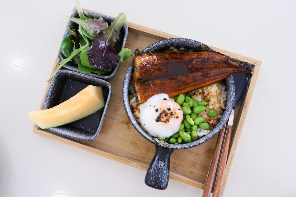 Unagi Don at Menage Cafe, with honeydew and salad on the side