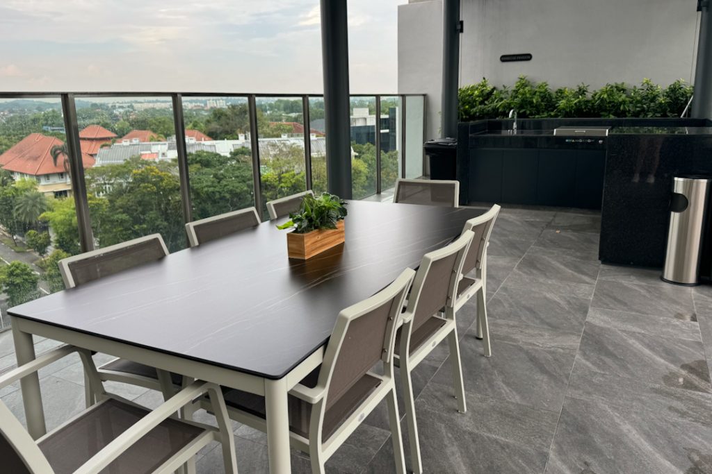 Outdoor area and bbq pit and kitchen