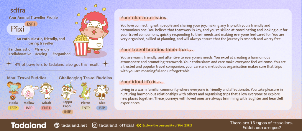 ESFJ Pixi Tadaland quiz results