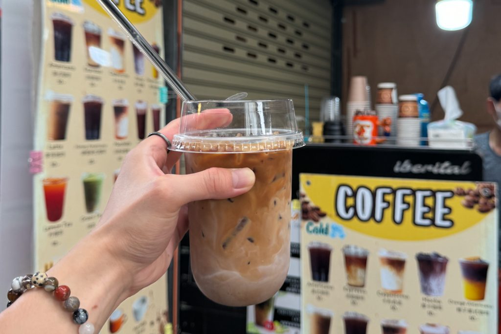 Iced Coconut Latte at one of the cafes at Maeklong Railway market