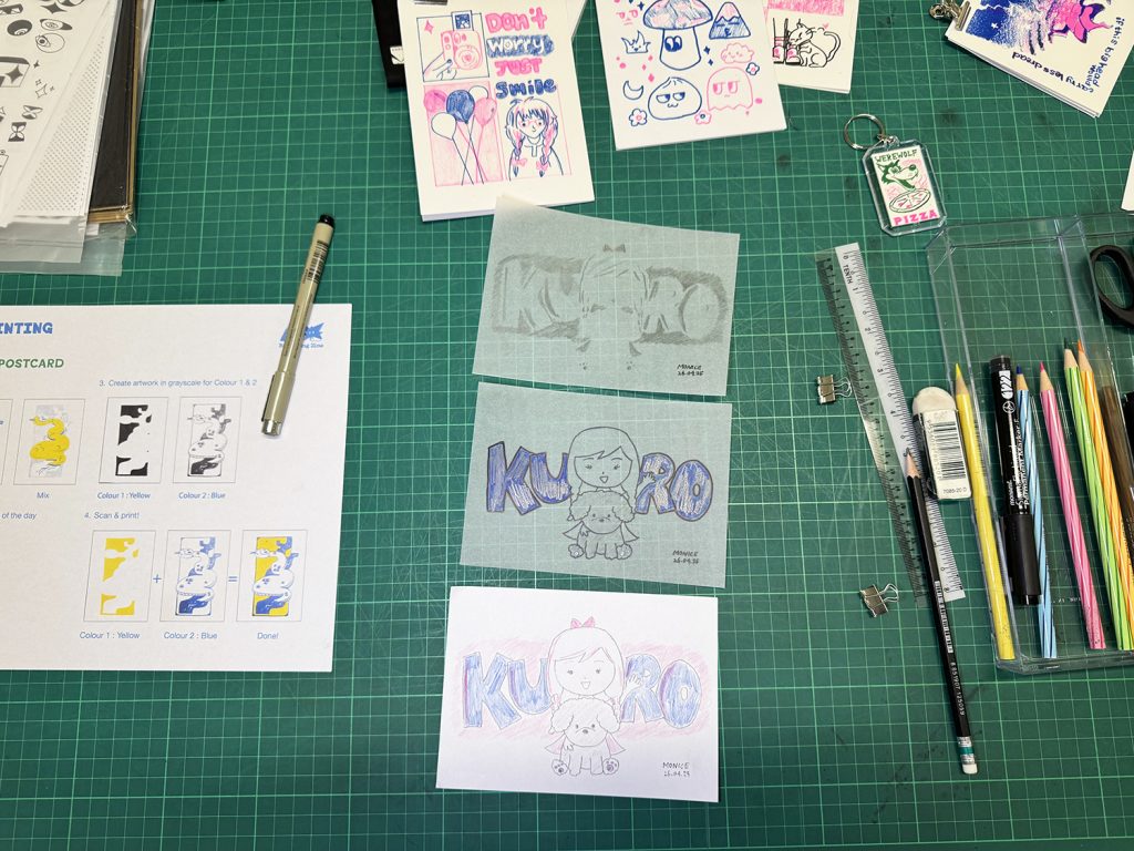 Brainstorming and sketching designs before risographing it