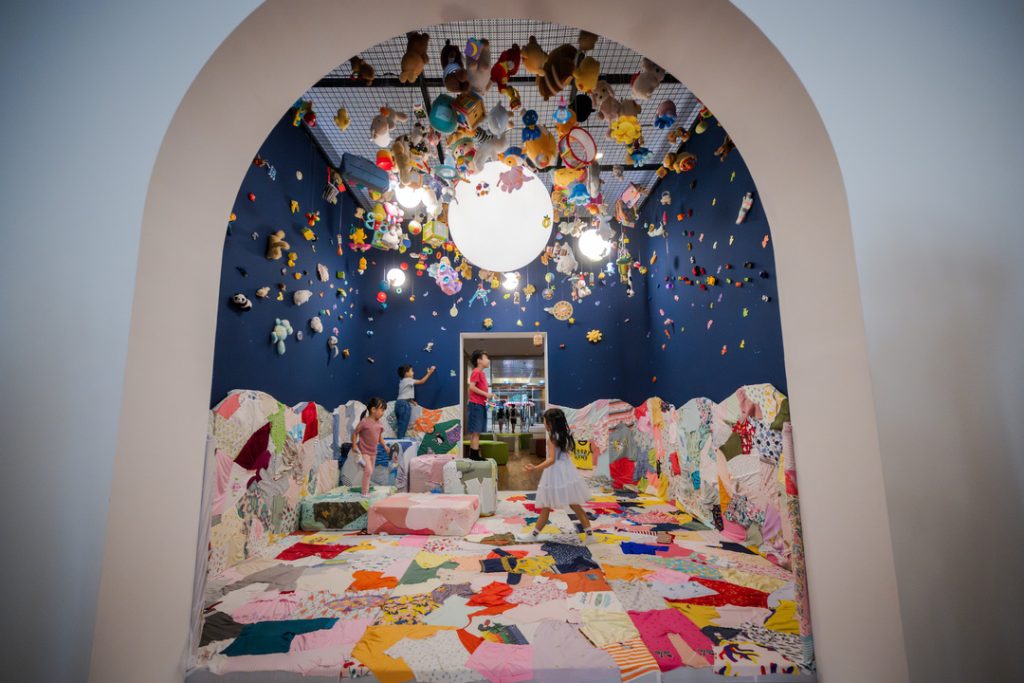 Upcycled fabric from children’s clothes, donated toys, foam, plywood and fishing line; Created for Gallery Children’s Biennale 2025: Tomorrow We’ll Be...