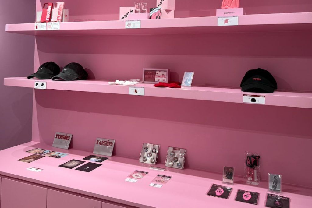 Merchandise shelf at rose's blackpink pop-up