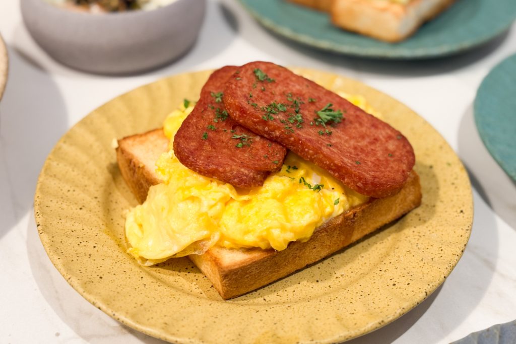 Scrambled Egg with Crispy Spam on Shokupan