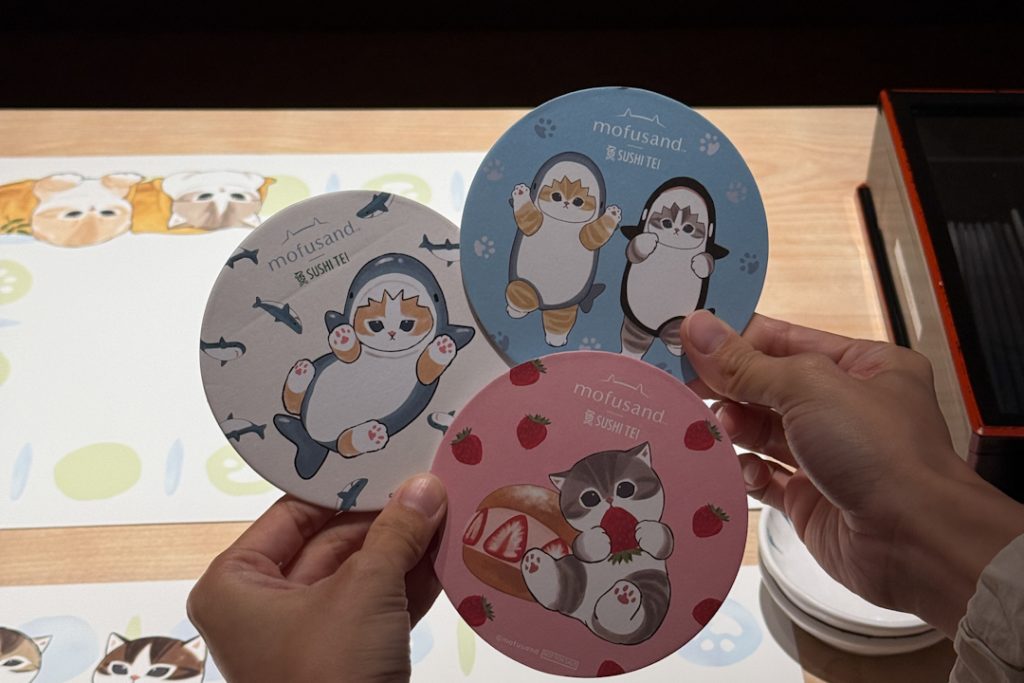 3x collectible coasters for Mofusand x Sushi Tei collab 2025