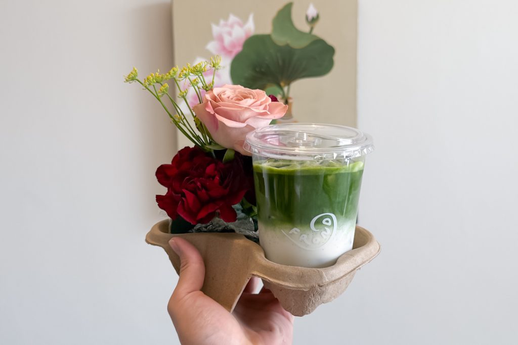 White Corn Matcha with floral arrangement