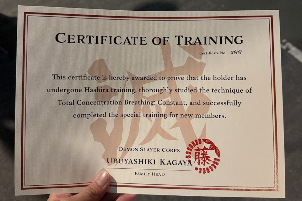 Certificate of Training from Demon Slayer Corp