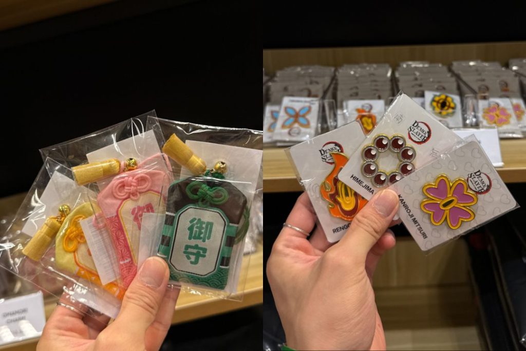 Omamori charm and metal pin from Demon Slayer