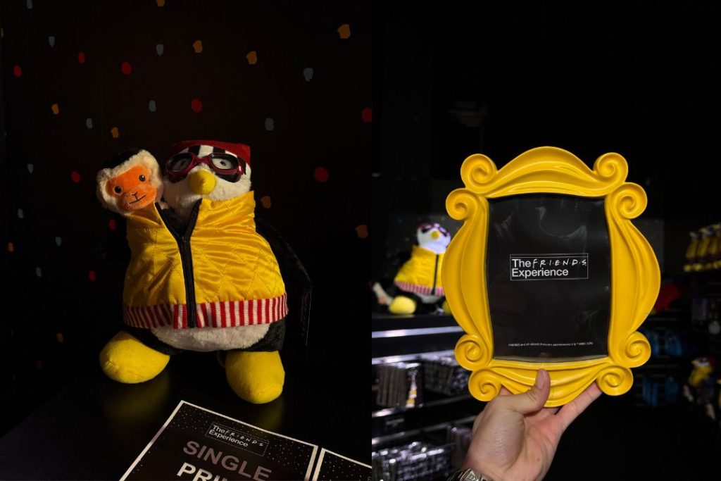 Marcel monkey and Hugsy plushies, and Monica's photo frame on the door