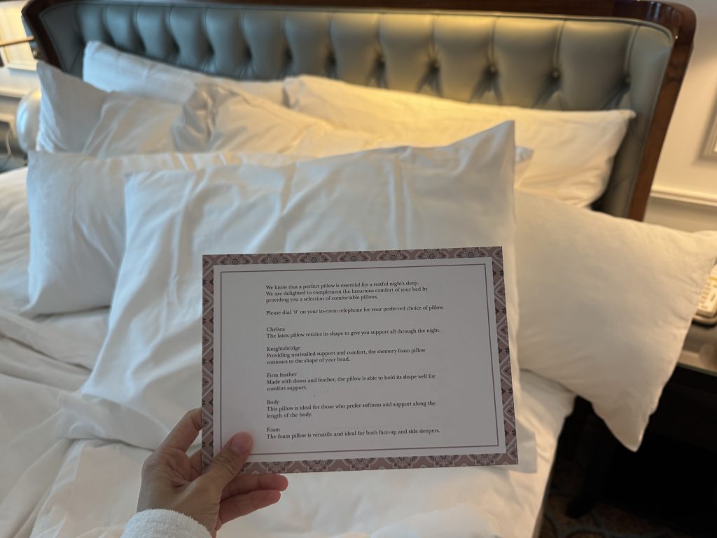 Pillow service menu at Frasers House The Luxury Collection