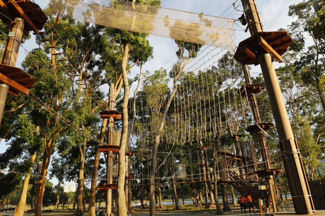 Person navigating treetop obstacles at Forest Adventure, Bedok Reservoir Park