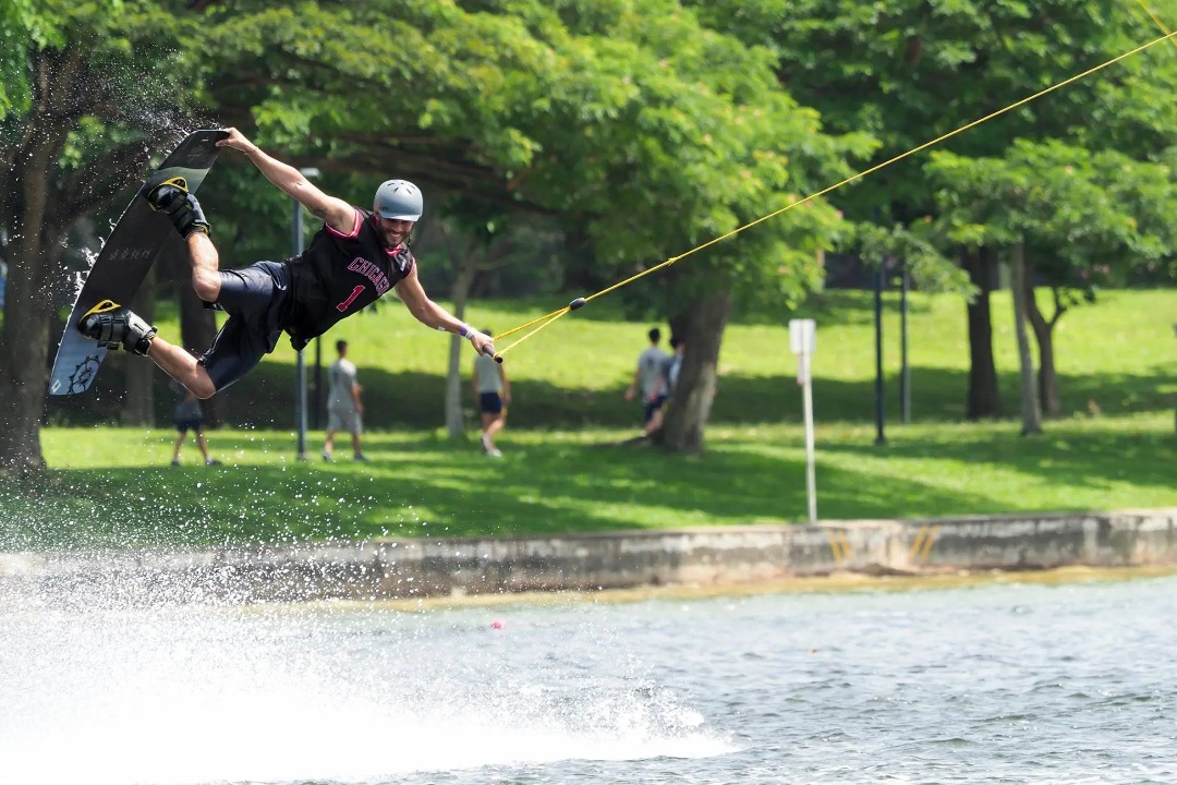 Wakeboarder on the cable system at Singapore Wake Park, East Coast